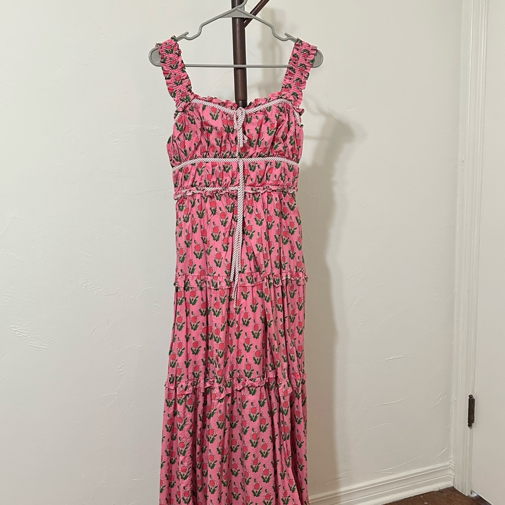 Pink Floral Tiered Maxi Dress with Smocked Straps